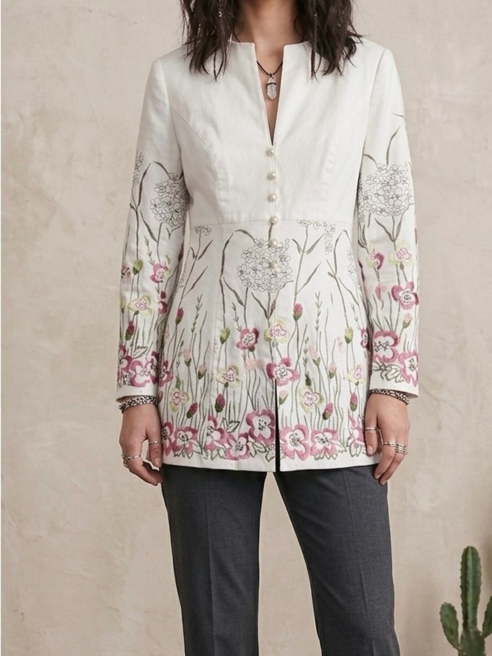 Kay unger New York Embroidered Floral Ivory Tunic Jacket sz 6‎ office